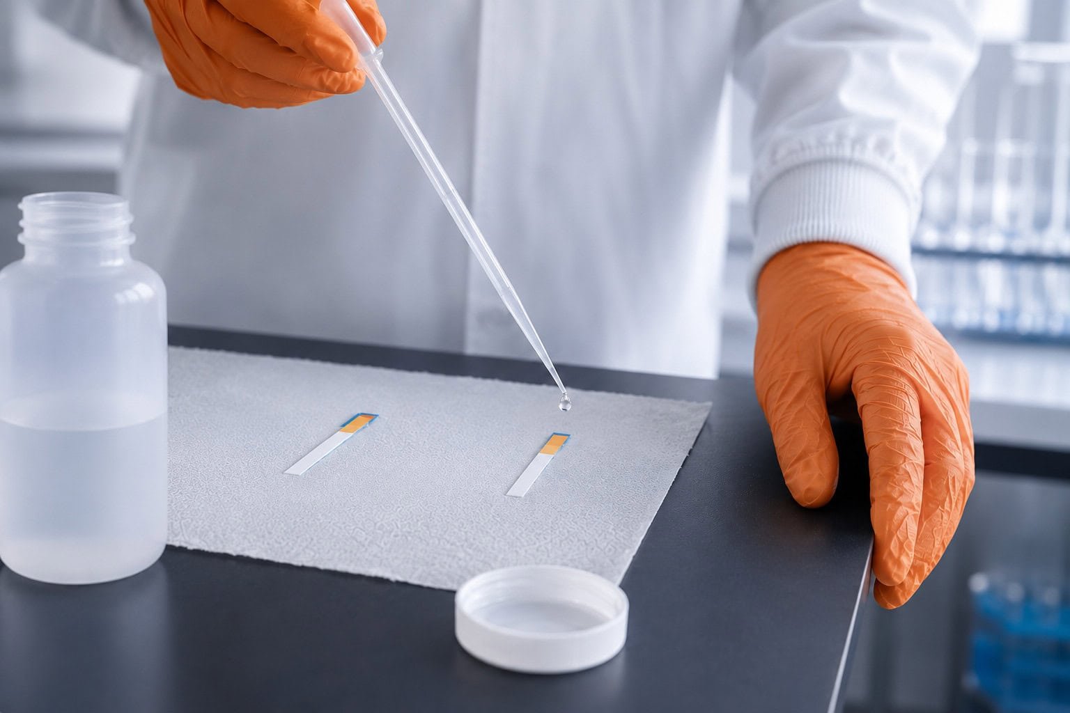 Laboratory technician testing water samples for lead and copper contamination